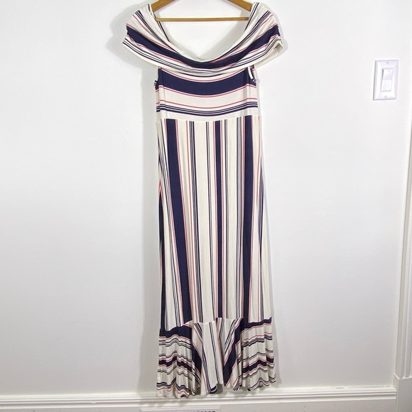 Ella Moss Striped Off Shoulder Midi Dress with Ruffled Bias Cut Hem Stretchy - Picture 4 of 11